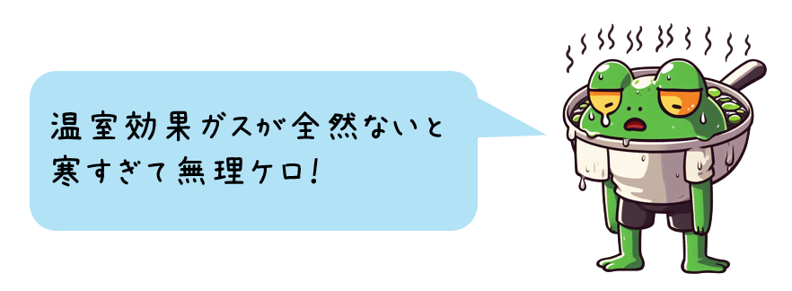 ゆでガエルくん「温室効果ガスが全然ないと寒くて無理ケロ！」