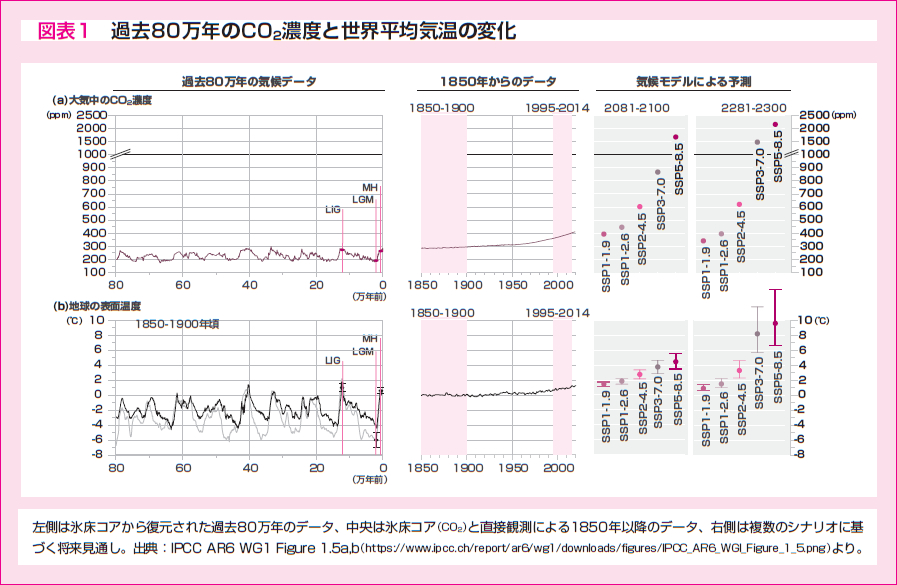 図表1「過去80万年のCO2濃度と世界平均気温の変化」
