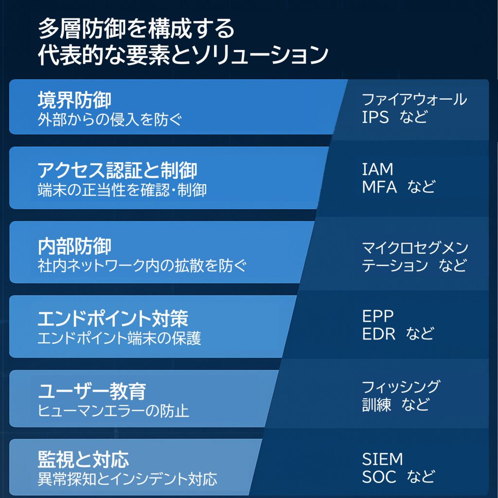 多層防御を構成する代表的な要素とソリューション